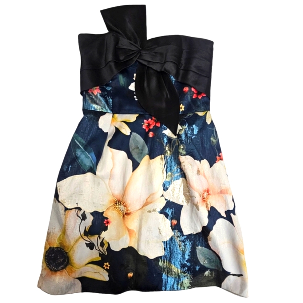 Marchessa Notte Strapless Black Asymmetrical Bow Metalic Floral Dress w/Pockets